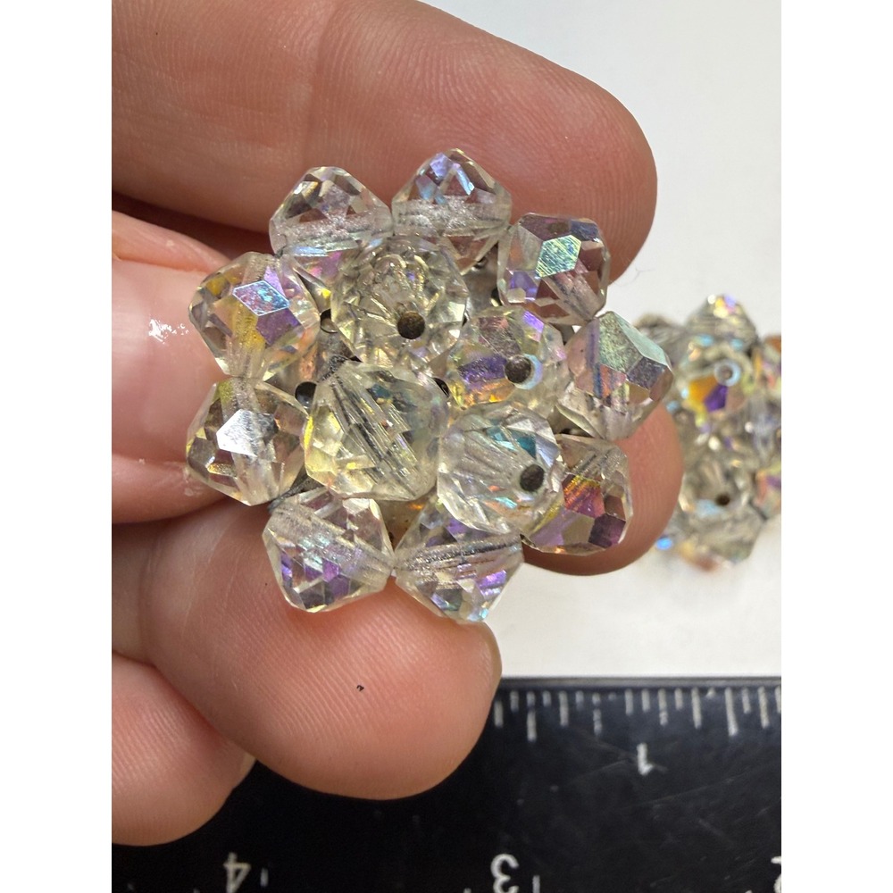 Vintage Aurora Borealis Crystal Cluster Clip On Earrings Iridescent Glass Bead